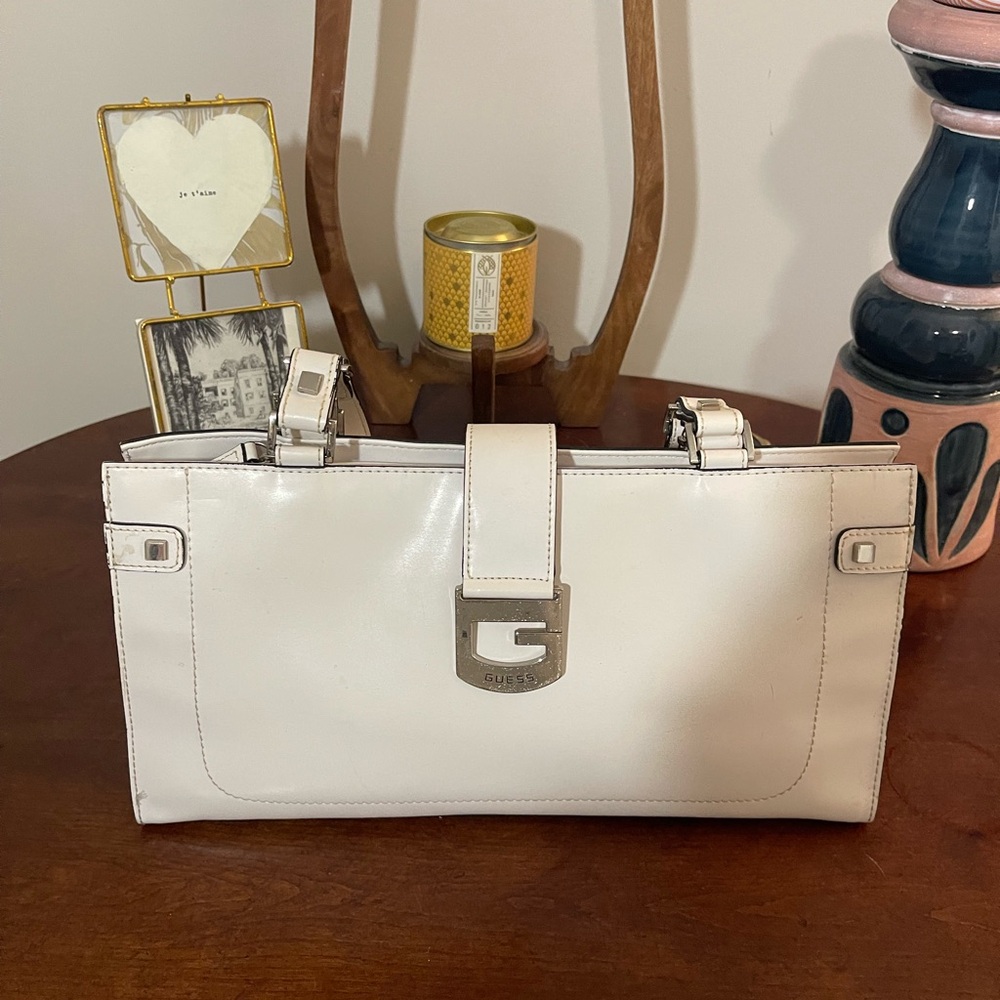 Vintage Y2K Guess White Shoulder Bag with Silver Details Satchel PU